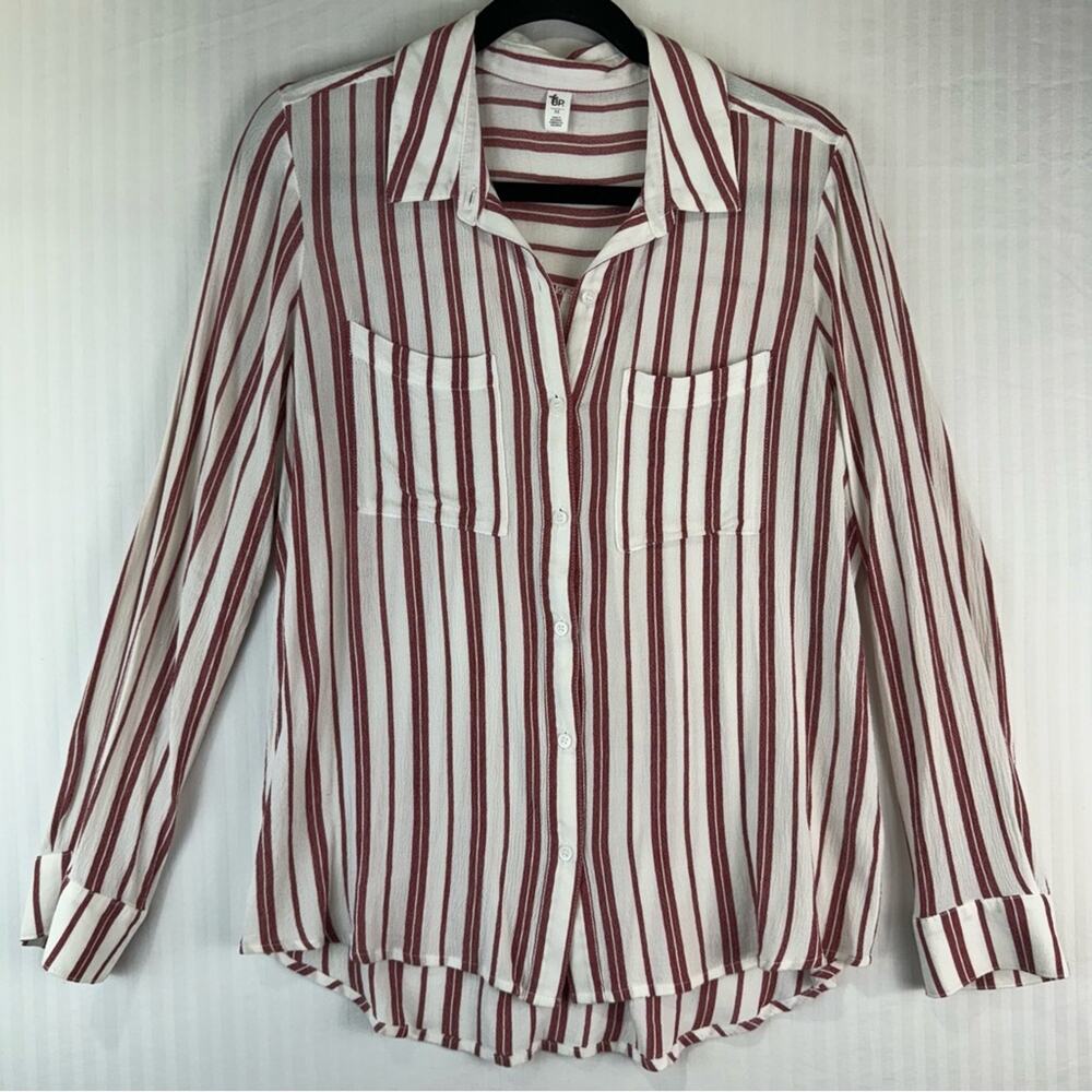 B.P. White Red Stripes Viscose Button Up Shirt Junior Size Large Nautical Prep